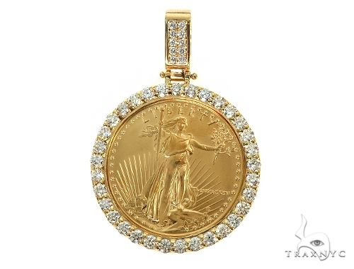 18k diamond bezel pendant housing a US Mint American Liberty 1oz gold coin — front-facing view