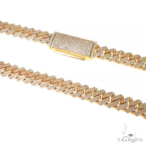 2 row prong set diamond Cuban chain, close-up of double-row iced links with individual diamond prong settings