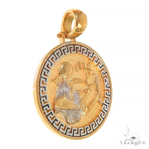 22K gold Greek Thoth pendant with detailed engraving and Greek key border in yellow gold