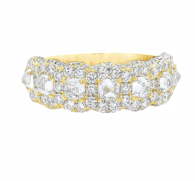 Yellow gold band with upside down Asscher diamonds and surrounding round diamonds
