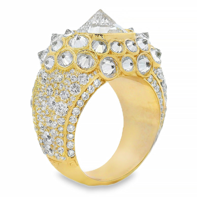 Yellow gold men’s ring with large diamond cluster and pavé diamond detailing
