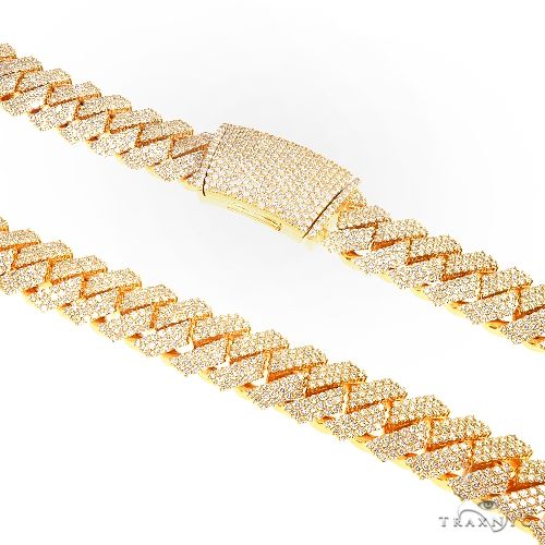 3 row prong set diamond Cuban chain in yellow gold – front-facing flat lay showing full iced link profile