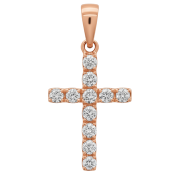 14K gold mini diamond cross pendant – round diamonds set across face, front view