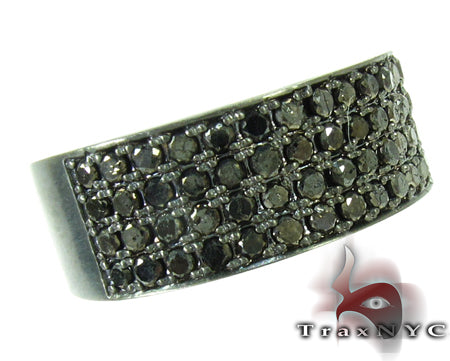 Yellow gold men's ring with four rows of black diamonds in a wide band design
