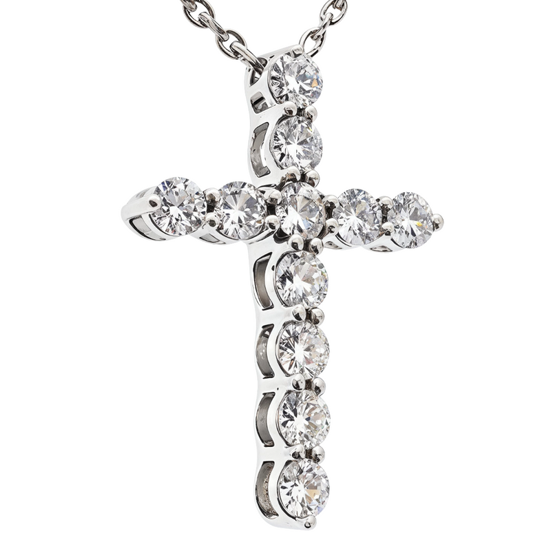 18K white gold cross pendant with round diamonds on 18-inch delicate chain