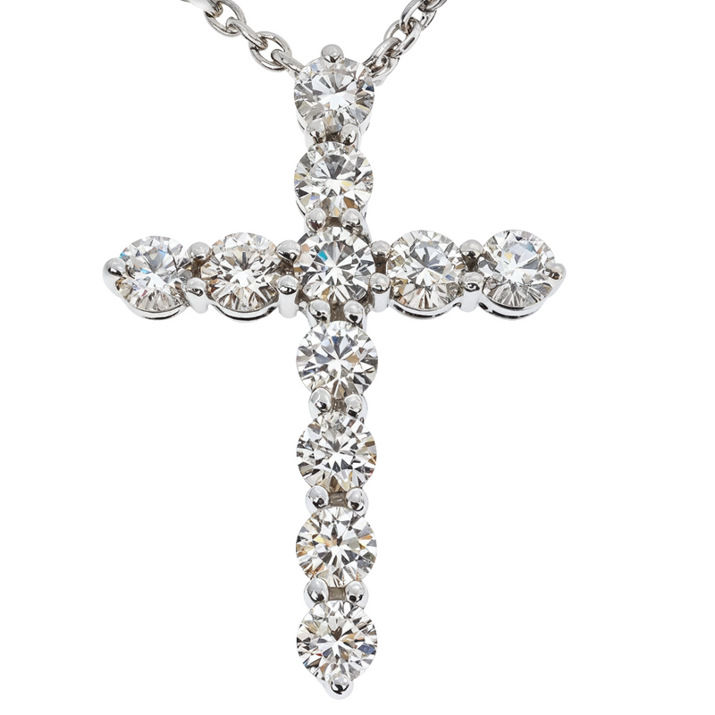 Diamond cross pendant in 18k white gold with 18-inch chain — front view showing set stones and bail