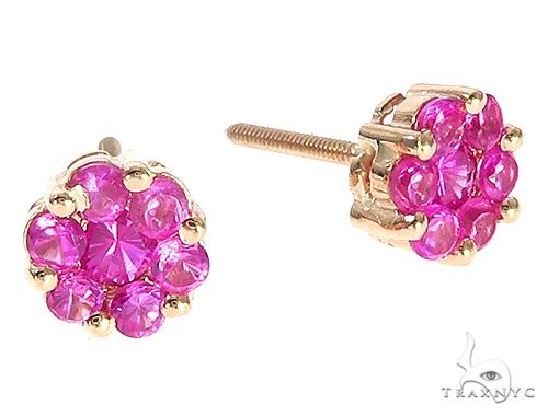 14K Yellow Gold Pink Corundum Flower Stud Earrings, photo 3 of 6