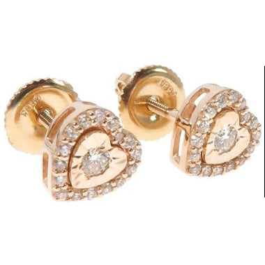 14K yellow gold heart-shaped stud earrings with center diamond and surrounding diamonds