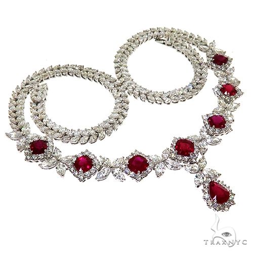 18k gold ruby and diamond necklace with Burma pigeon blood rubies and 26.46 ct diamond setting, front view