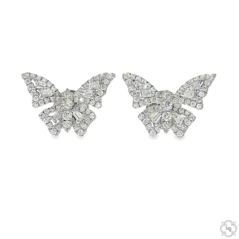 18k gold butterfly earrings with baguette diamond cluster wings, front-facing view