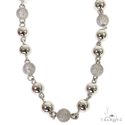 Custom ball link diamond chain in 18k white gold – front-facing view showing round-cut diamond-set spherical links