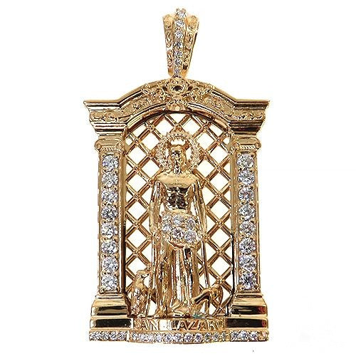 Small yellow gold St. Lazarus pendant with diamond accents and intricate lattice background
