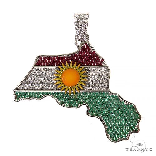 Custom Kurdish flag pendant in yellow gold with diamonds, rubies, and emeralds – front view