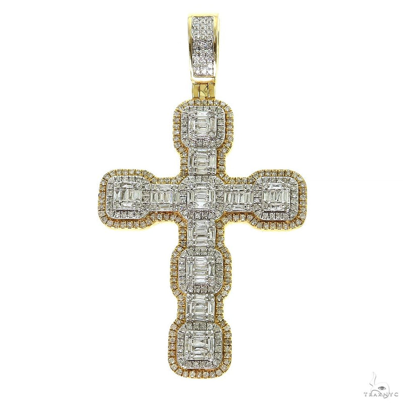 Diamond cross pendant in yellow gold — baguette and round diamond channel setting, front view
