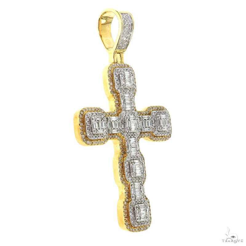 Yellow gold cross pendant with baguette and round diamonds in a halo setting