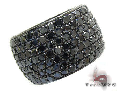 Wide men's ring with seven rows of tightly set round black diamonds