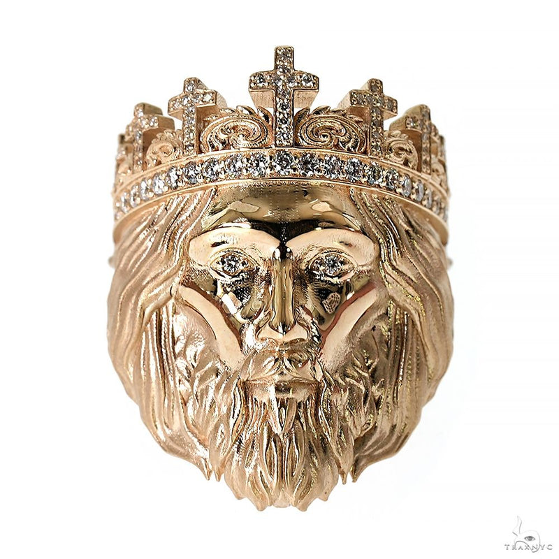 14k yellow gold Jesus head ring with diamond crown and detailed facial features