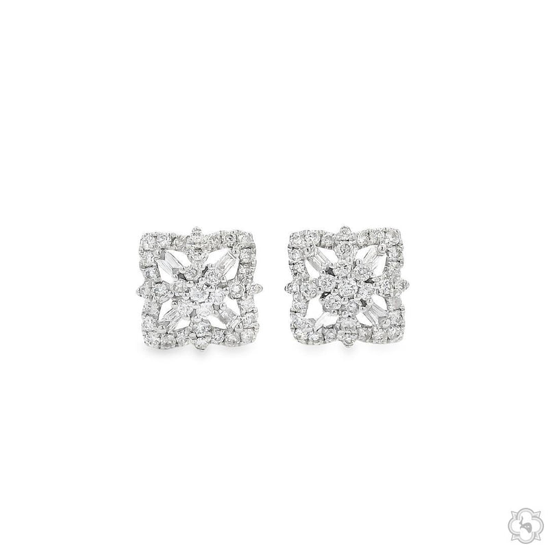 White gold floral cluster diamond stud earrings with intricate petal design