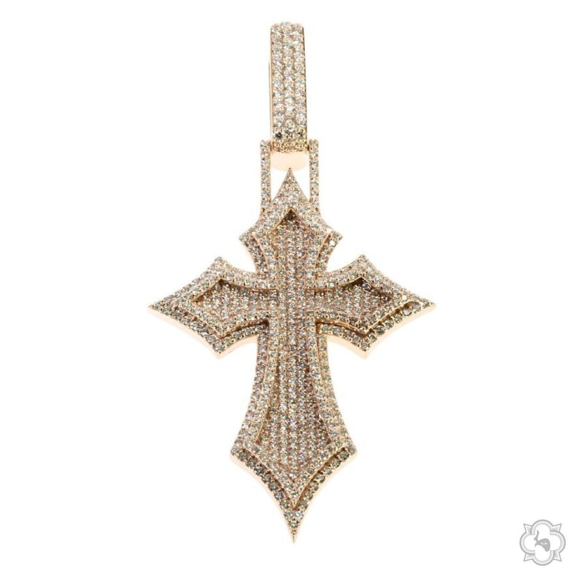 Diamond cross pendant with prong-set round-cut stones, face-up view showing full stone coverage