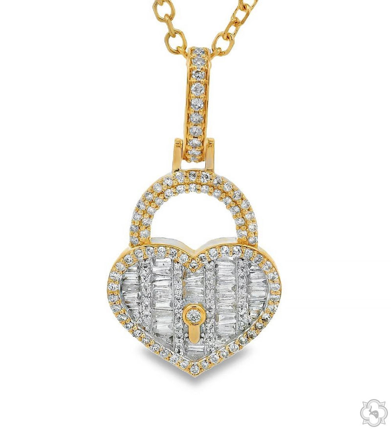 Yellow gold heart-shaped diamond lock pendant necklace with keyhole detail on chain