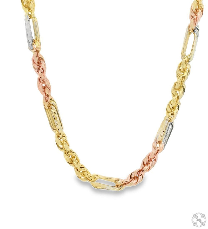 14K three tone gold Figaro link chain with assorted links, 26 inches, 5mm thickness