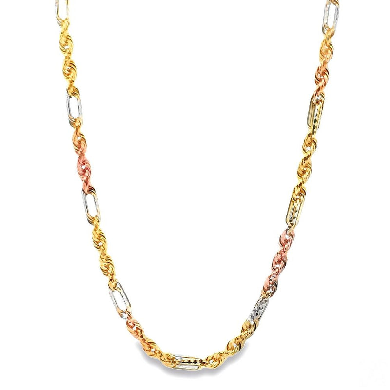 14K three tone gold Figaro link chain, 20 inches, 3mm, mixed yellow, white, and rose gold links