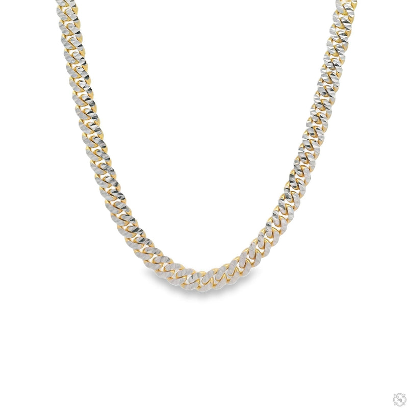 14k two tone gold diamond cut Miami Cuban link chain – close-up of faceted links showing yellow and white gold contrast