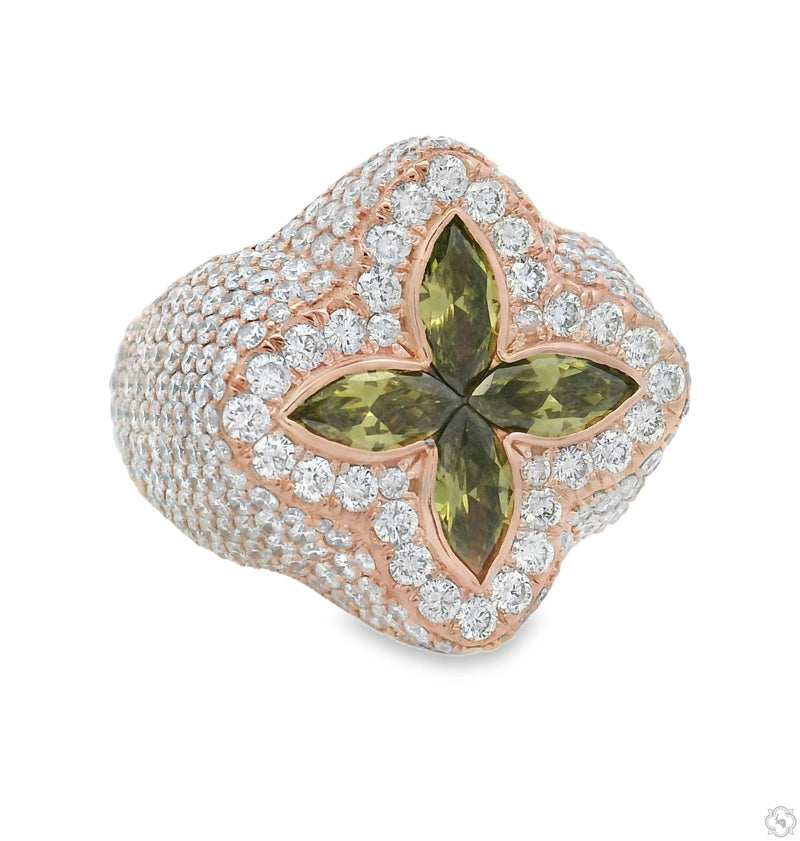 Rose gold ring with cross-shaped iceberg green quartz and diamond accents