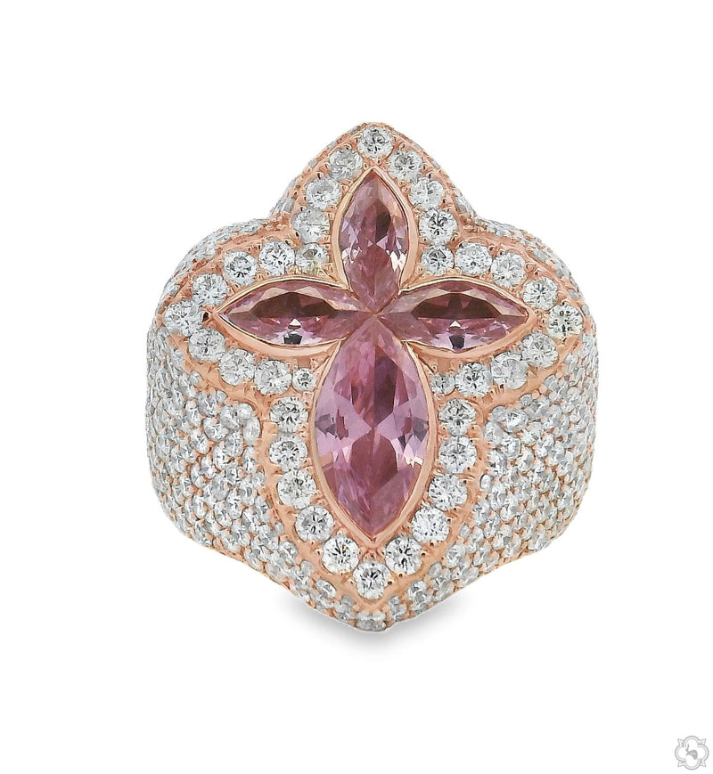 Mens 10k gold pink quartz crystal and diamond ring – cross setting, top-down view showing full stone layout