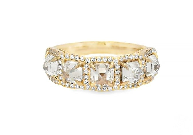 Yellow gold 5-stone Asscher cut diamond ring with detailed pave setting