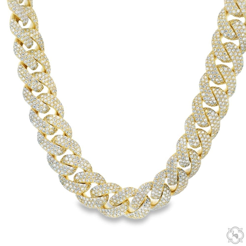 Yellow gold Miami Cuban chain with diamond-encrusted iced links, men's luxury necklace