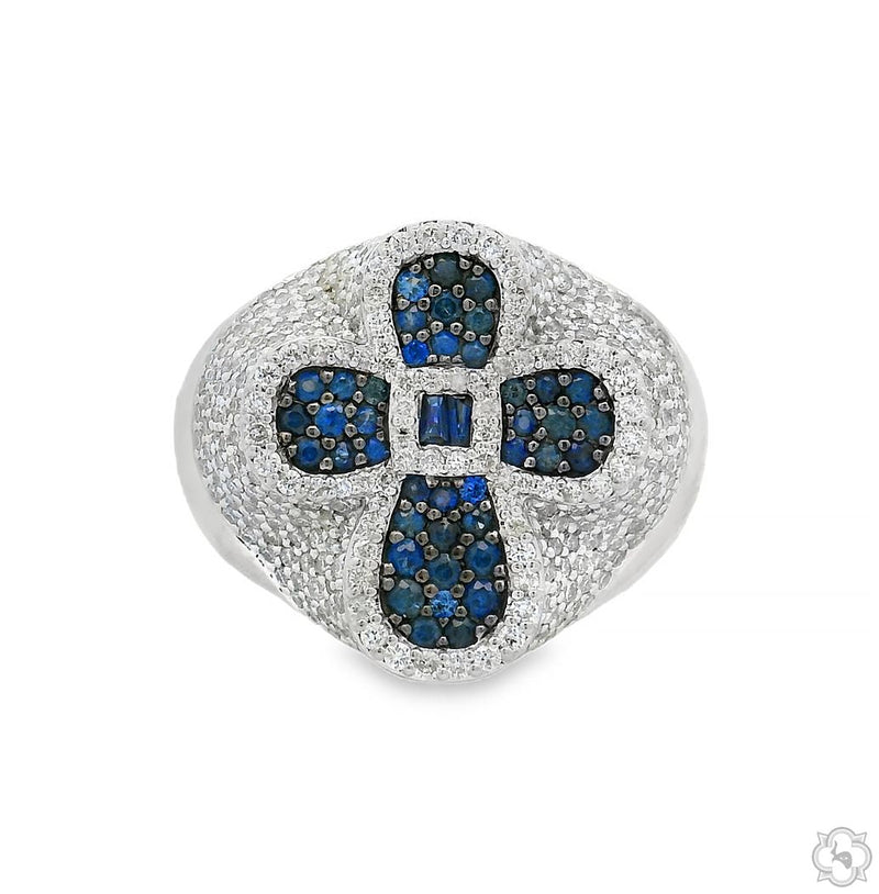 White gold men's ring with blue sapphire and surrounding white diamonds in cross design