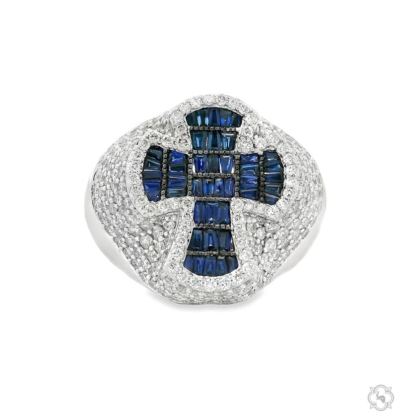 White gold ring with sapphire cross and surrounding diamonds in a men's bold design