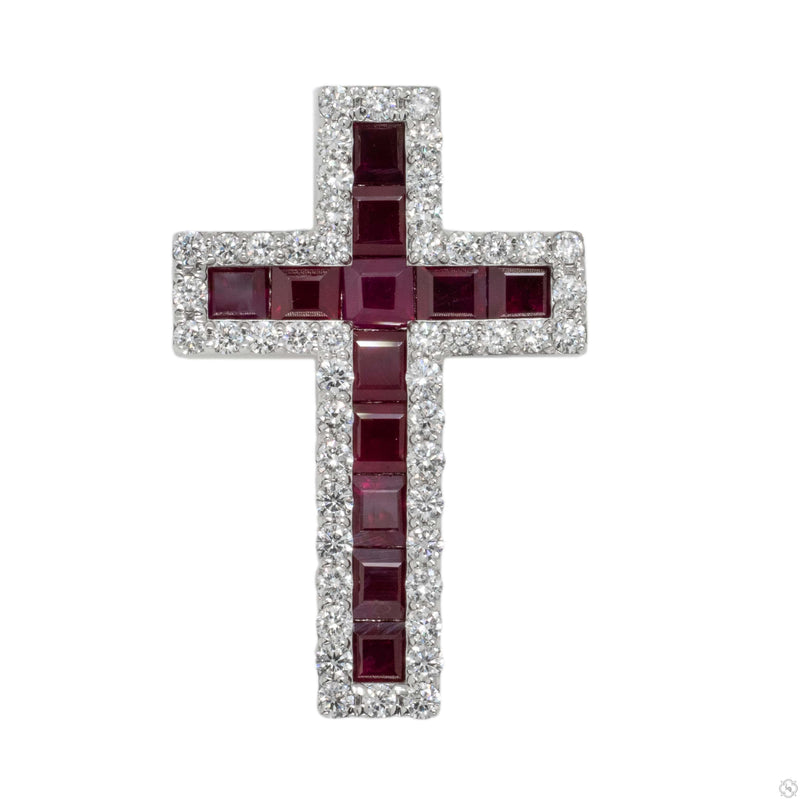 Diamond and red princess cut sapphire cross pendant – prong set stones, front-facing view
