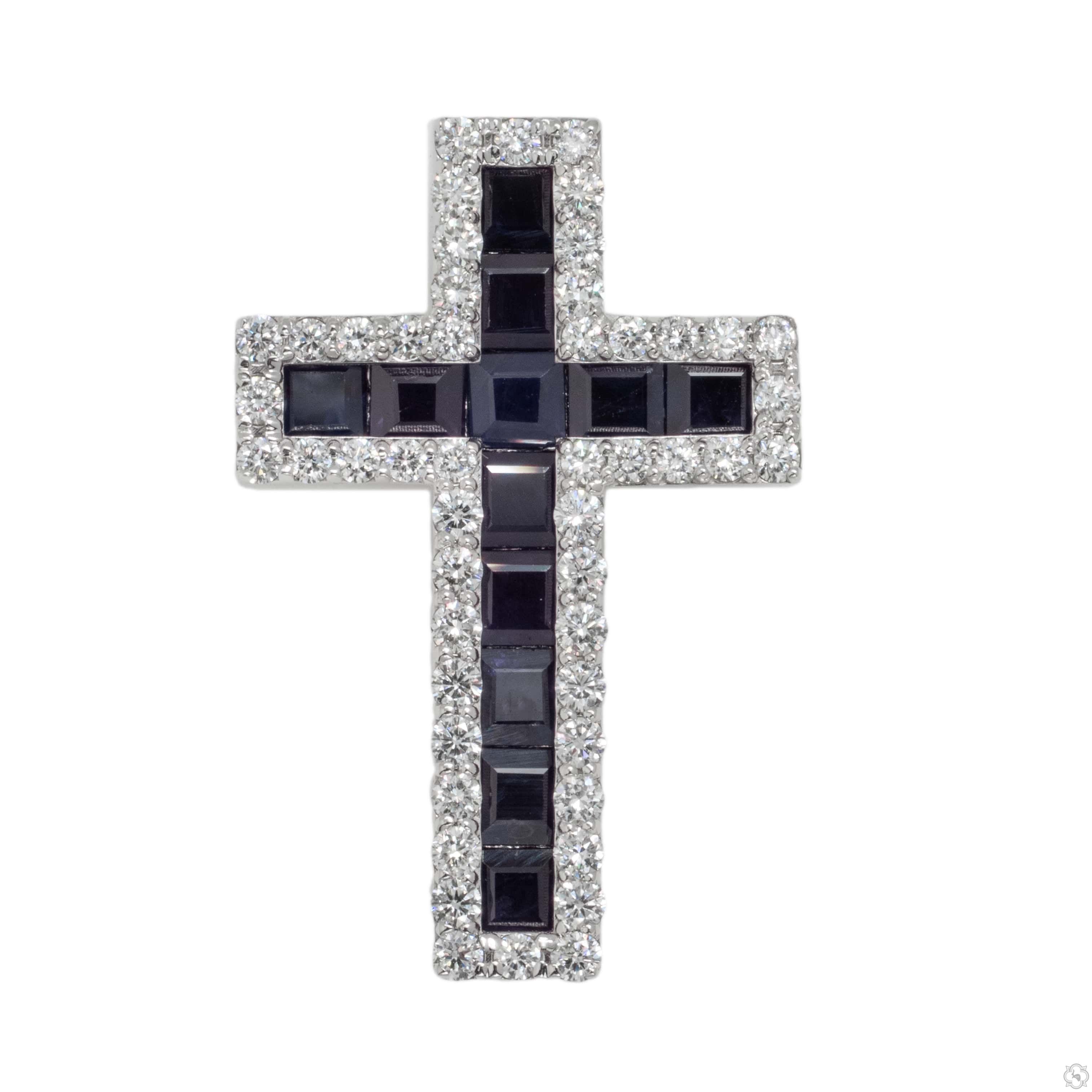 14K Gold Mystic Blue Sapphire Diamond Cross Pendant | TraxNYC
