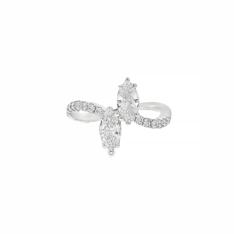 White gold ring with dual marquise diamonds and pavé diamond band