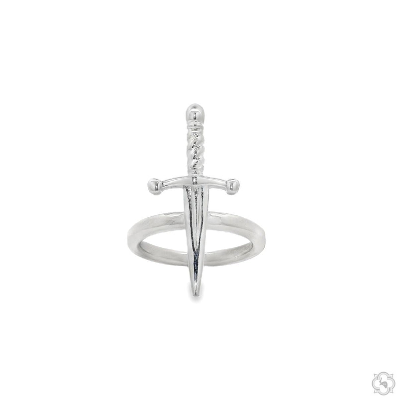 Silver ring featuring a detailed dagger design with a slender, pointed blade and textured handle