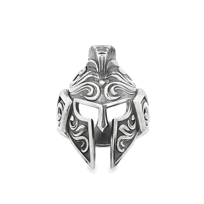 Sterling silver ring featuring a Trojan-style warrior helmet