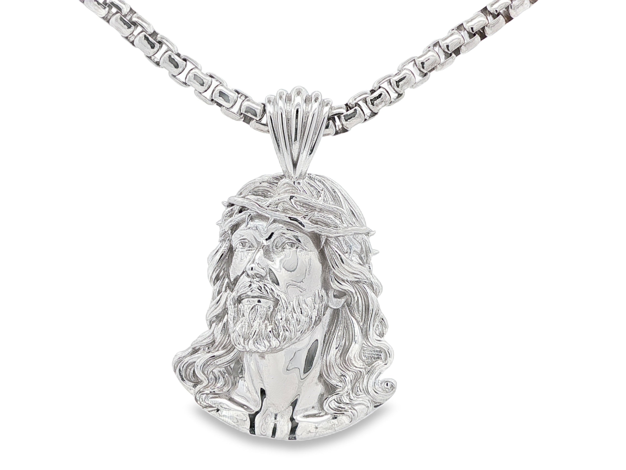 アクセサリー 925 SILVER Jesus Head Pendant Necklace 925 Silver Jesus Pendant with Heavy Round Box Chain Set 71185 |