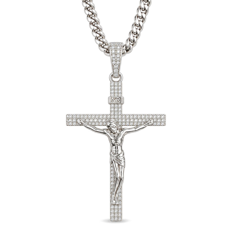 .925 Silver Crucifix Jesus Diamond Pendant & Miami Cuban Chain 71694 - TRAX1