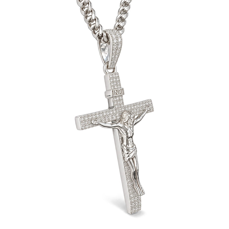 .925 Silver Crucifix Jesus Diamond Pendant & Miami Cuban Chain 71694 - TRAX3