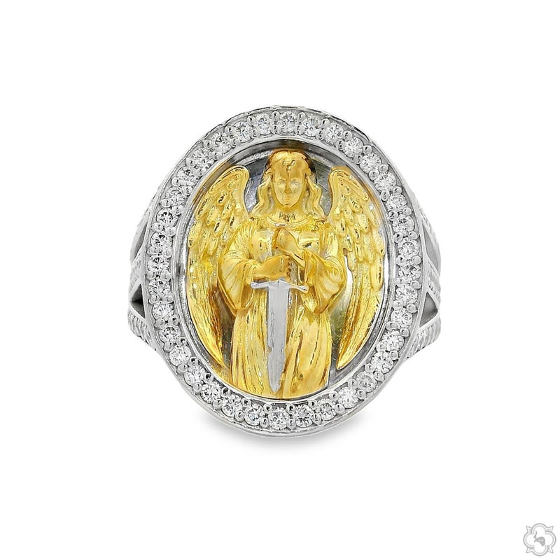 Mens custom diamond ring featuring angel holding sword figure, pavé-set stones, top-down view