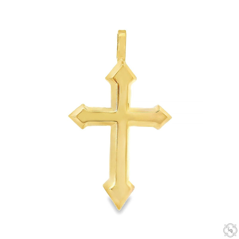 Solid gold cross pendant with arrowhead-style pointed tips — front view