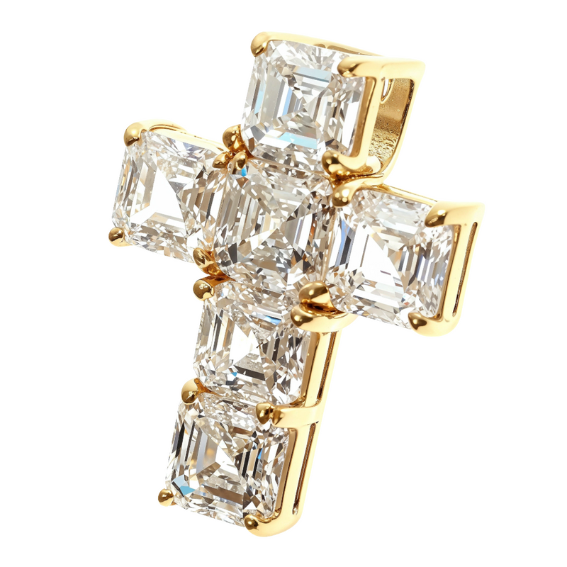 Asscher cut diamond cross pendant set in yellow gold with six sparkling diamonds