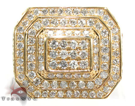 Yellow gold men's ring with concentric square diamond clusters, bold and luxurious design