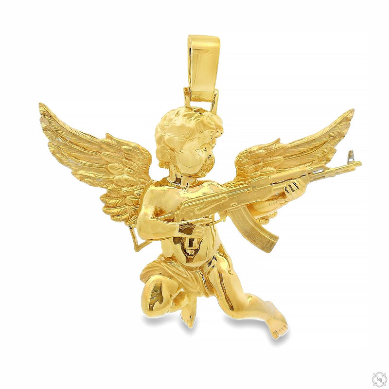 Gold pendant of a baby angel holding an AK gun with detailed wings