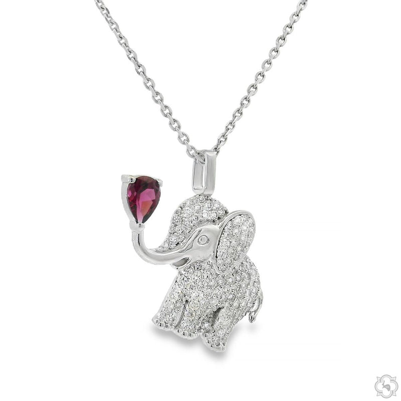 Silver baby elephant pendant with diamond accents and a red gemstone trunk on a chain