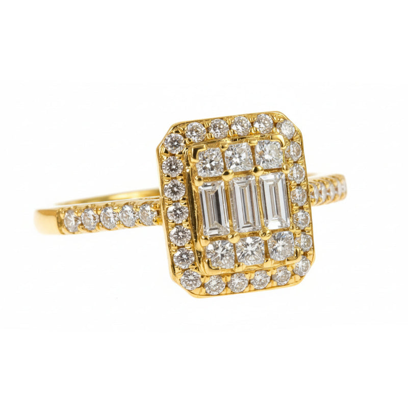 Yellow gold baguette diamond engagement ring with halo and pave band detailing