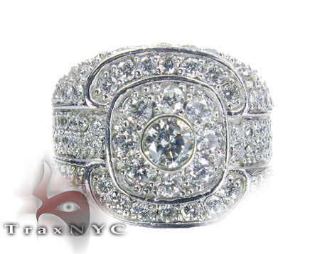 White gold men's bezel solitaire ring with central diamond and surrounding diamonds