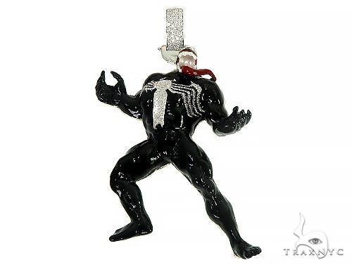 Silver and black enamel venom pendant with pave-set diamonds, front angle showing symmetrical design